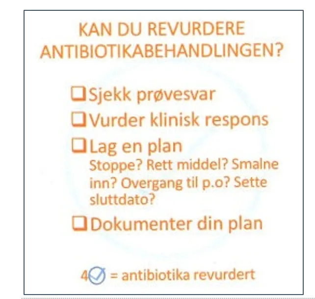 Liste over spørsmål du haker av for når du revurderer antibiotikabruken.
