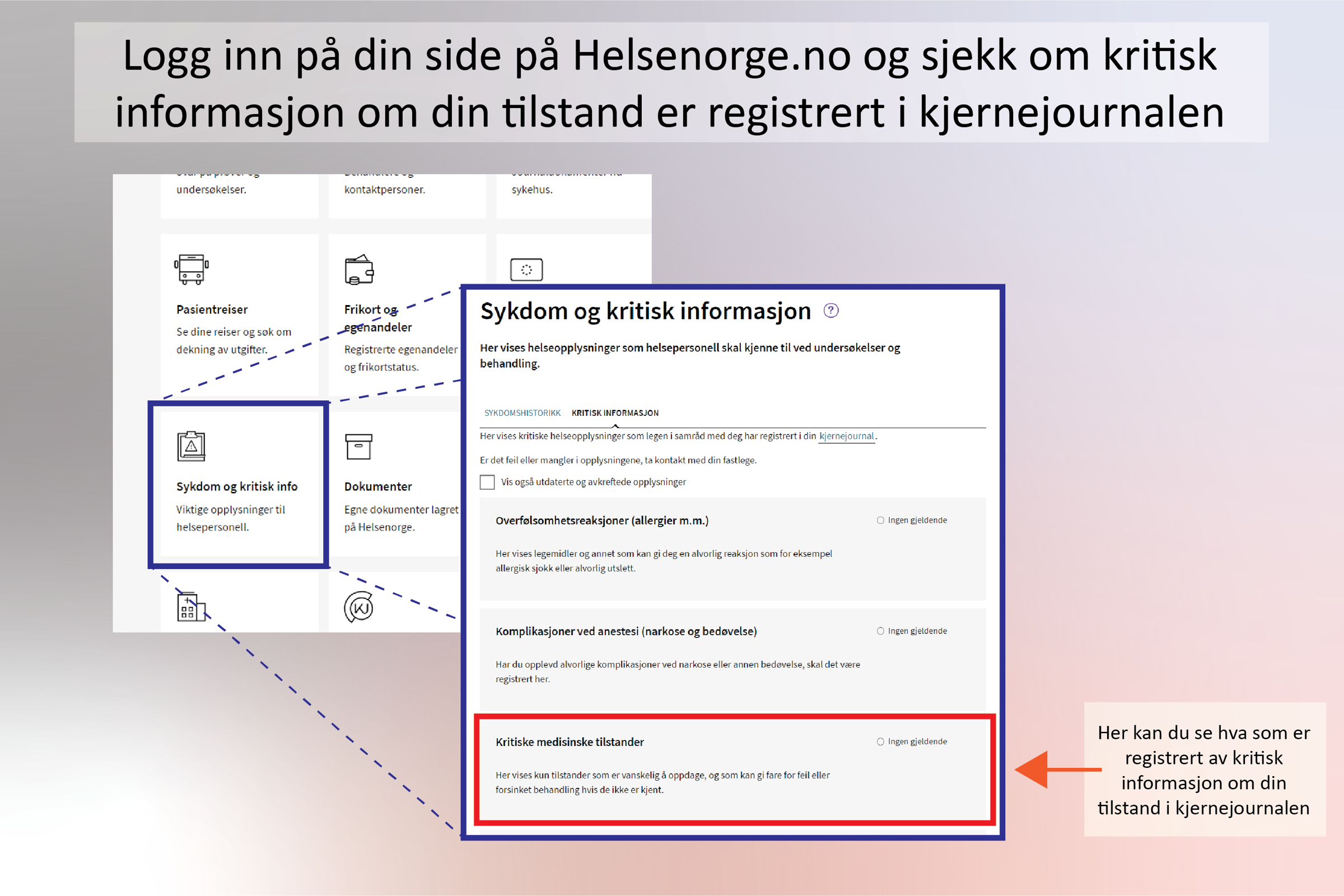 En veiledning for hvordan du kan sjekke om kritisk informasjon er registrert i din kjernejournal